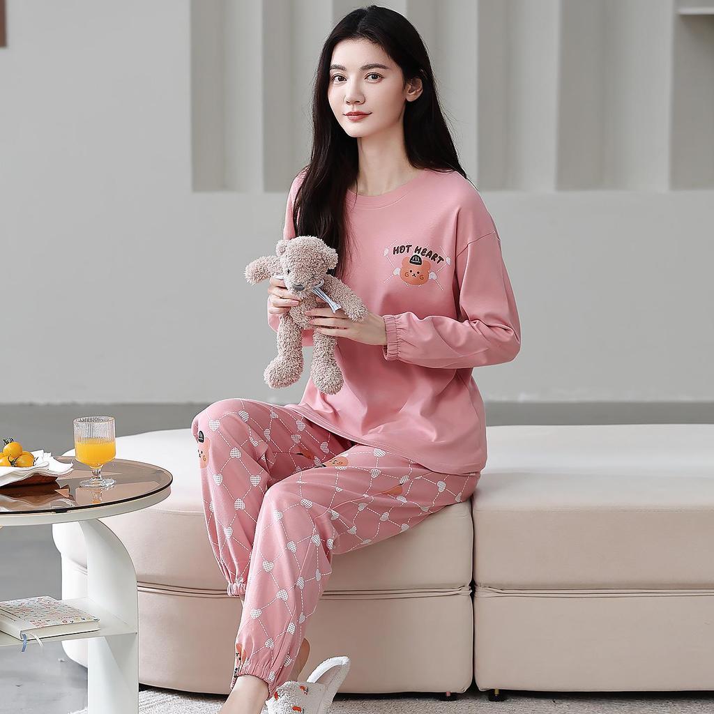Ensemble de Pyjama pour Femme 100% Coton – Respirant, Absorbant la Sueur, Manches Longues Col Rond pour Porter à l'Intérieur et à l'Extérieur (Automne hiver)