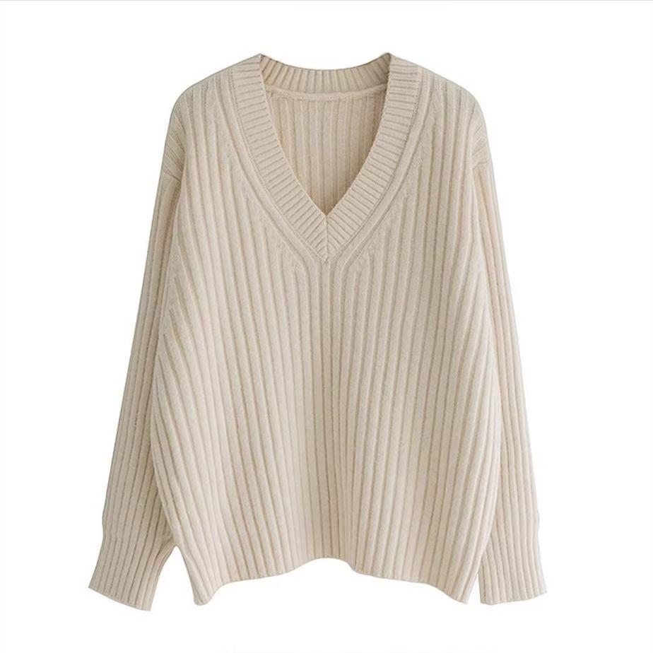 Jerséis Básicos de Punto para Mujer Otoño Invierno Cálido Suéter Cuello en V Moda Holgado Manga Larga Clásico Casual Tops de Punto