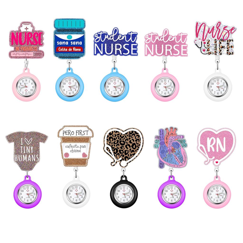 Medical Glitter Acrylic Retractable Badge Holder with Pocket Watch for Nurse Doctor Fob Pocket Watch Badge Reel Key Chain