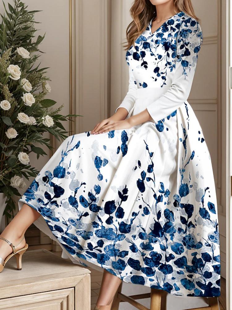 

Платье с цветочным принтом, V-образным вырезом, рукавом 9 дюймов, повседневное, с большой расклешенной юбкой 3XL синий