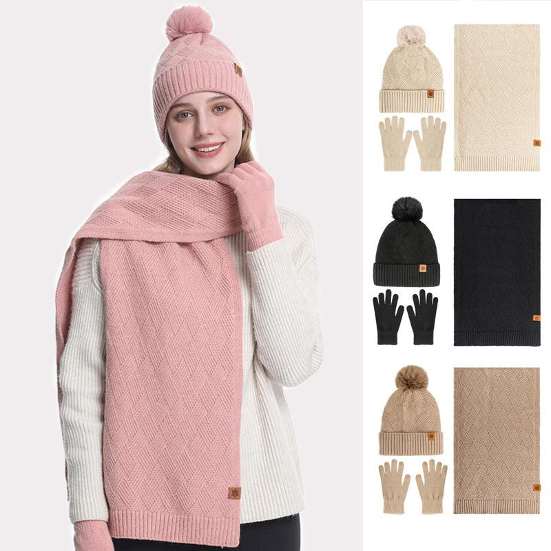 3pcs/set Hat Scarf For Women Gloves Set Outdoor Riding With Touch Screen Winter Pompom Hat Knit Beanie Fleece Lined