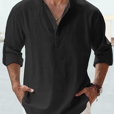 Yousheng Men Shirt Stand Collar Roll-up Long Sleeve Pullover Tops Pure Color Loose Fit Casual Shirt Travel Party Daily Wear