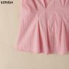 VONDA Women O-Neck Short Sleeve Blouse Casual Patchwork Pleated Peplum Tops