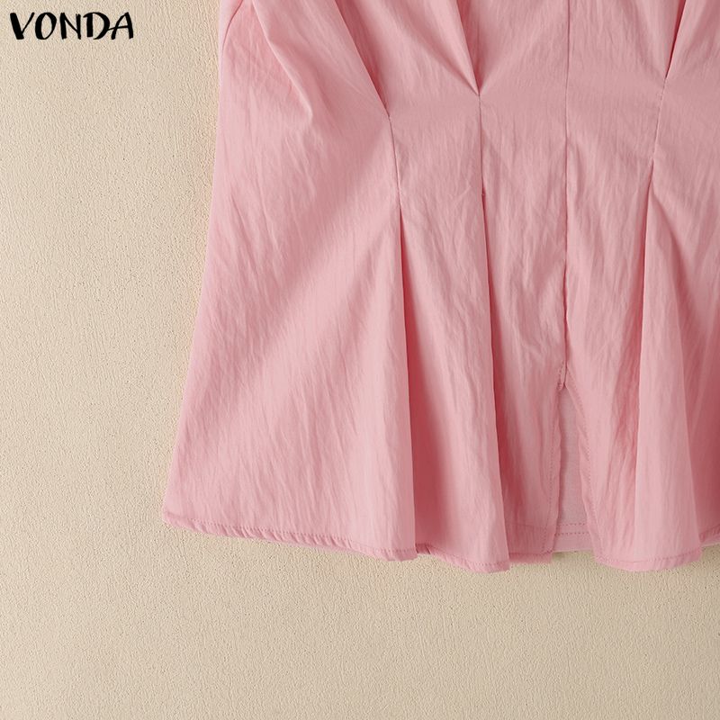 VONDA Women O-Neck Short Sleeve Blouse Casual Patchwork Pleated Peplum Tops