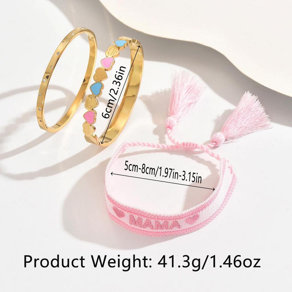 Gold Heart-Shaped Stainless Steel Bracelet with Embroidered Bow and Tassel Woven Cord.