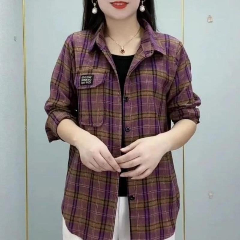 Checkered Long Sleeve Cotton Shirt for Women Fashionable Middle-aged Mother Spring Summer Trendy Casual Shirts Top