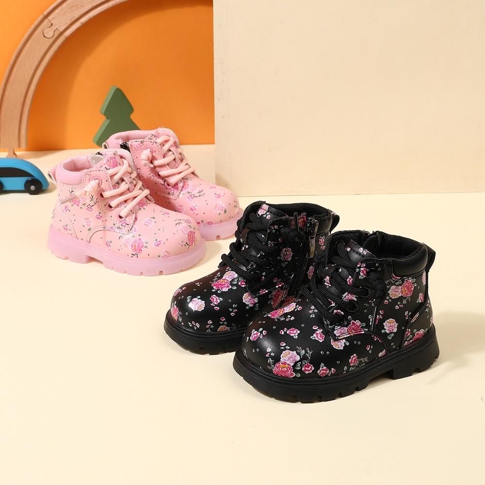 Children Clothing Yulin-001 Girls Black Autumn Baby Boots For Flower Leather Ankle Boots Rubber Sole Zip Side Toddler Kids Boots 15-25 Cm