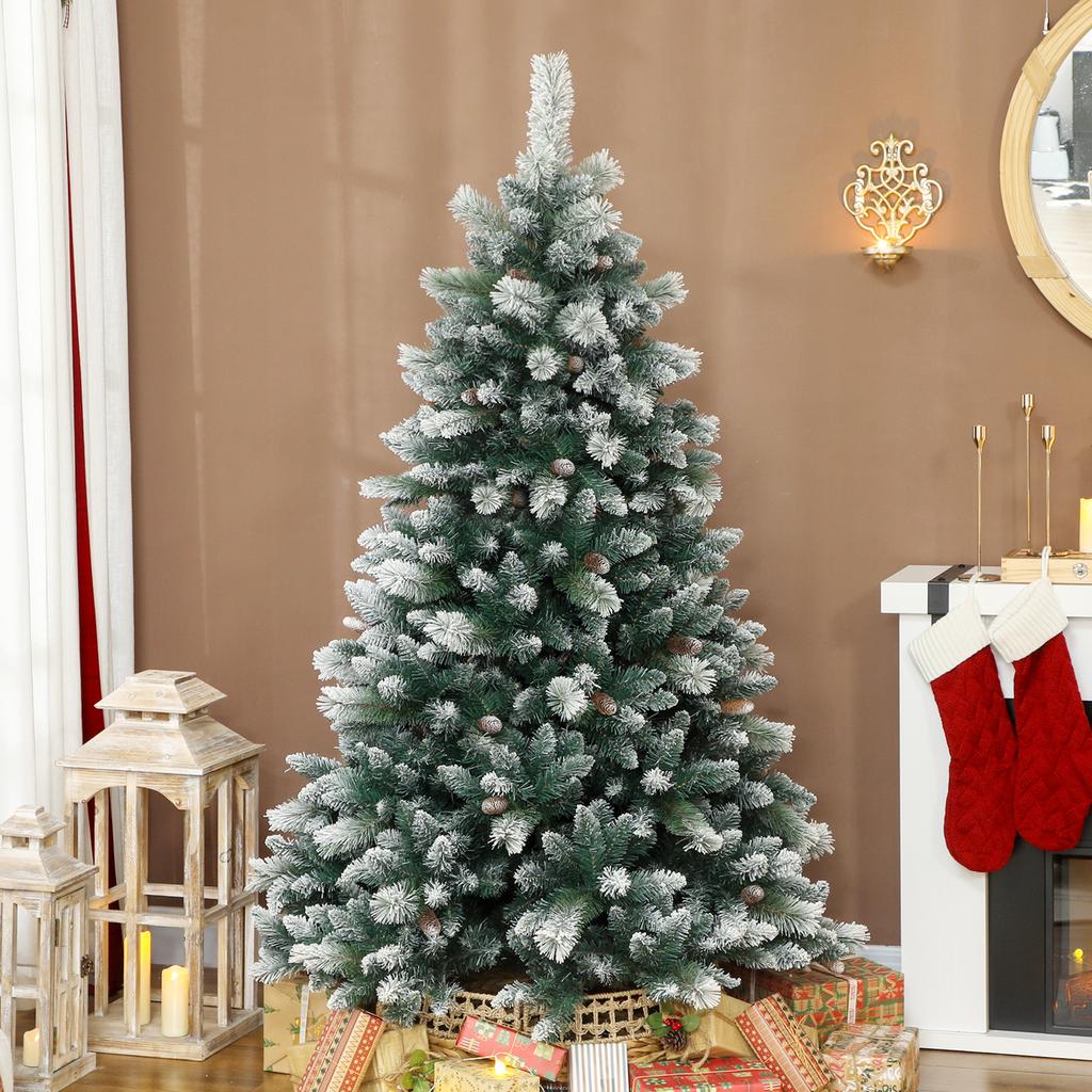 Artificial Christmas Tree 180 Cm Artificial Fir Tree with Snow, 1000 Tips 34 Pine Cones Wide Base