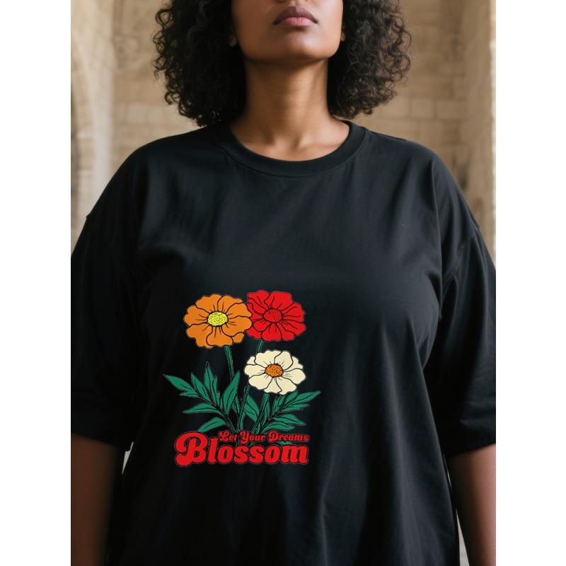 

Women Let Your Dreams Blossom T-Shirt Floral Print Orange Red White Flowers Round Neck Short Sleeve Machine Washable Black Casual Home Streetwear Top 4XL чорний