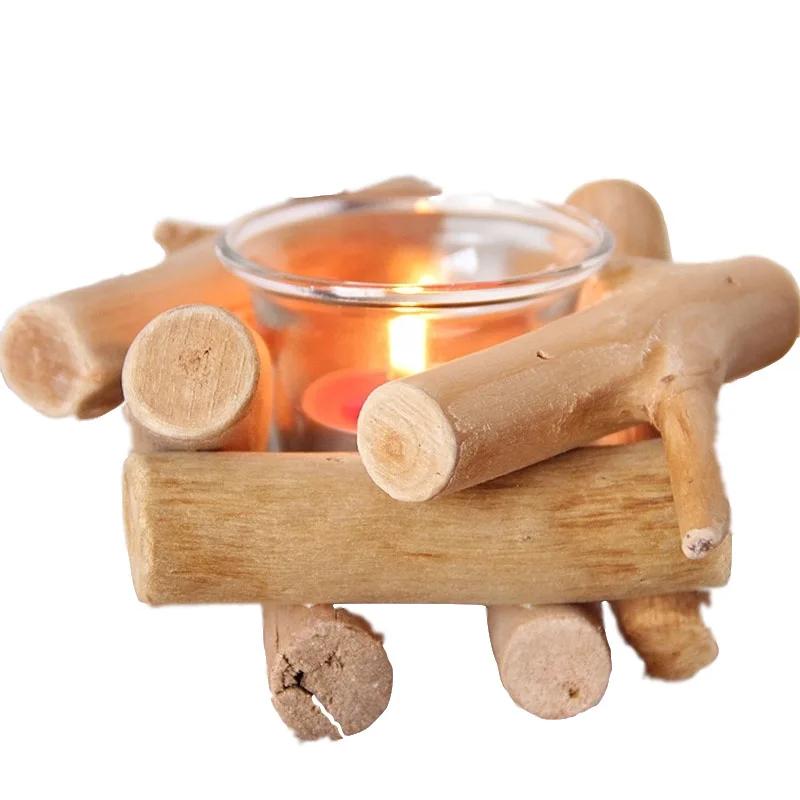Handmade Wooden Tea Light Candle Holder with Glass Cup, Rustic Country Coastal Style for Farmhouse Home Decor Wedding Decoration