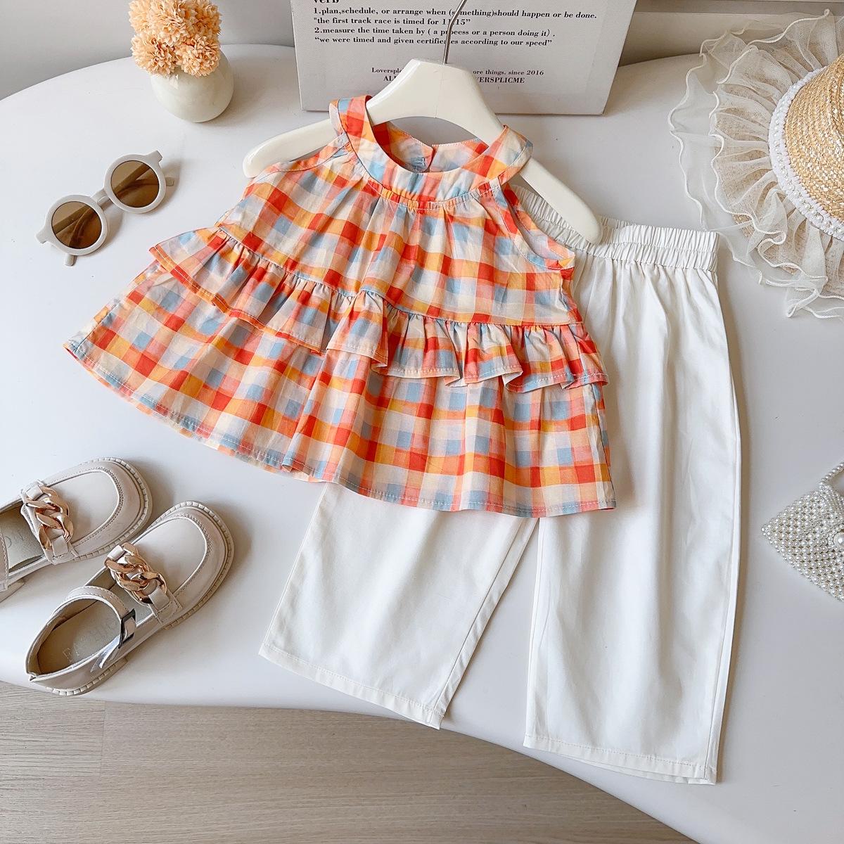 Energetic Plaid Halter Sleeveless Top & Wide-Leg Pants: Korean-Style Summer Girls Set Size 130