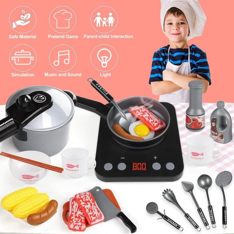 Kids Kitchen Toy Set Toddler Pretend BBQ Camping Cooking Playset Pot Pans Utensils Cookware Play Food Birthday Gift for Girl Boy