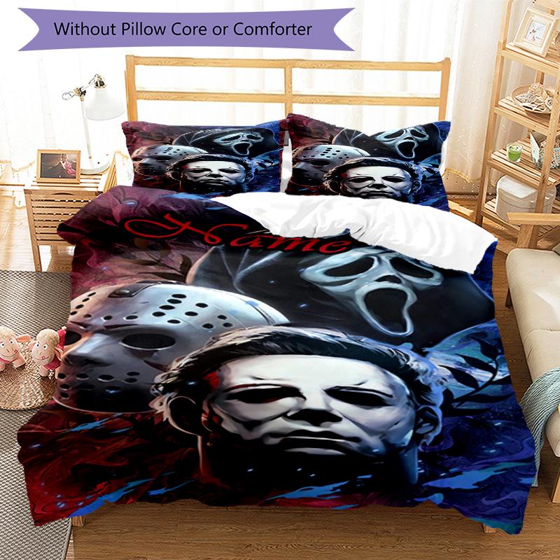 3pcs Custom Name Halloween horror Bedding Set Duvet Cover Closure Includes 1 Duvet Cover & 2 Pillowcases, Soft and Comfortable for All Seasons.