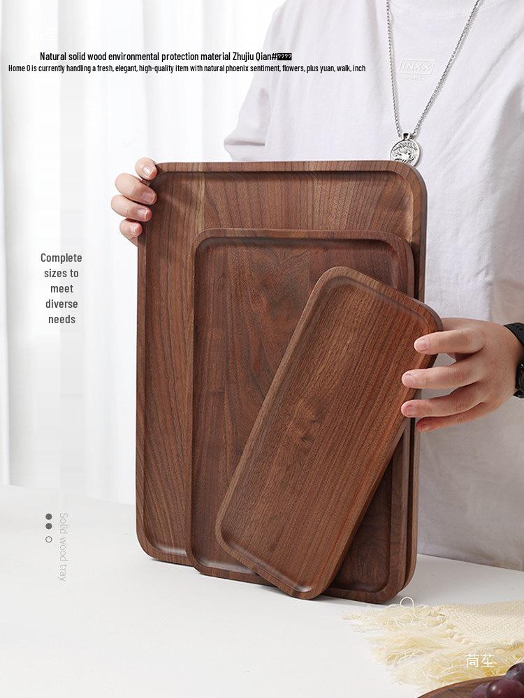 Luxury Black Walnut Tray: Rectangular Solid Wood for Home, Tea, & Water Cups, with Round Plate