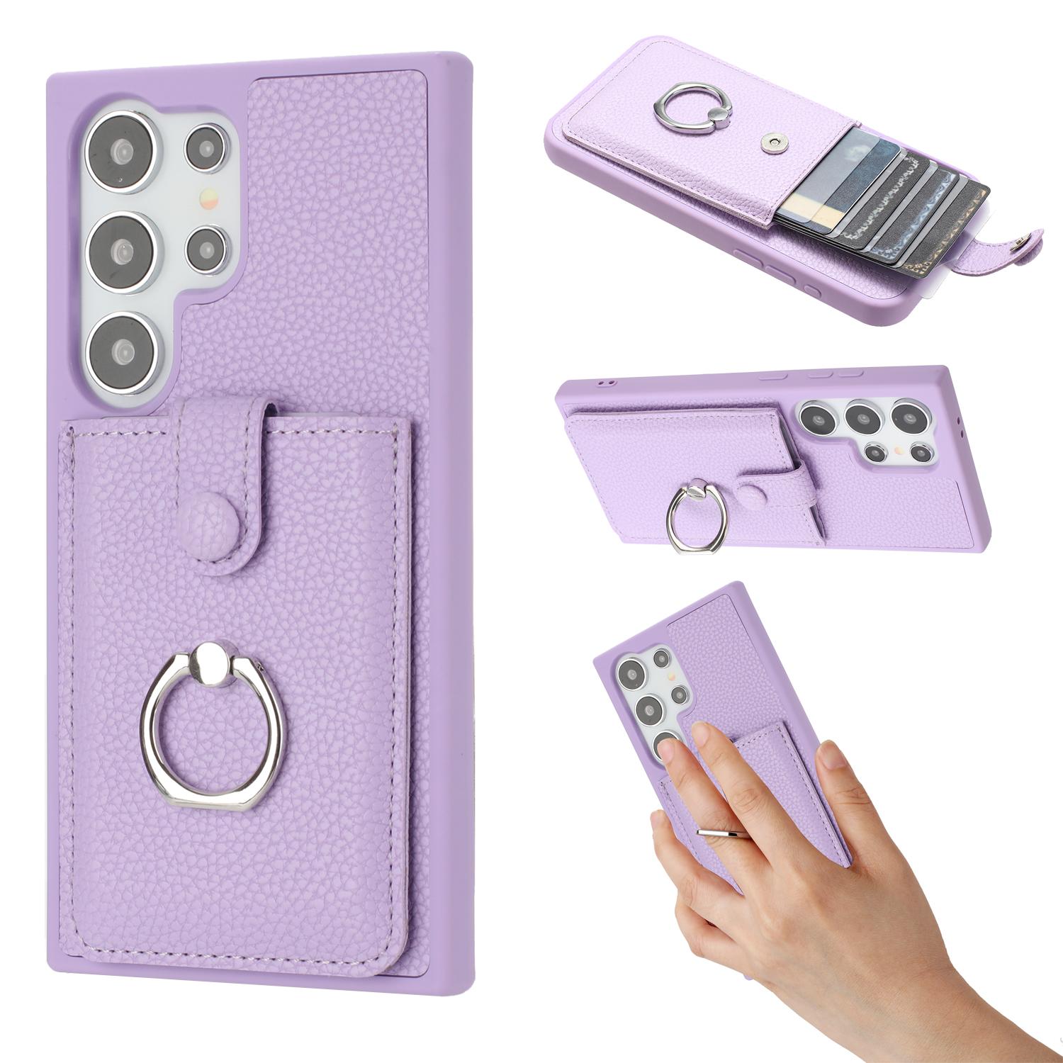 

For Samsung Galaxy S24 Ultra Case Drawing Type Card Slots Litchi Texture Leather Back Cover with Ring Kickstand Purple