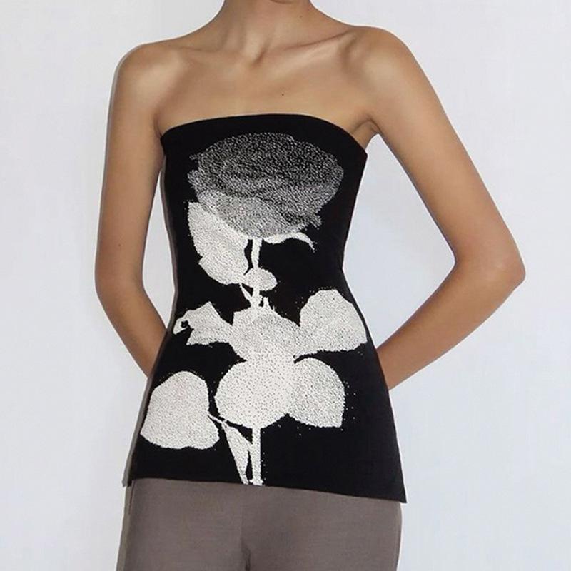 

Women s Ink Jet Rose Print Open Sexy Backless Retro Strapless Hottie Personality Slimming All with Fashion Top L чорний