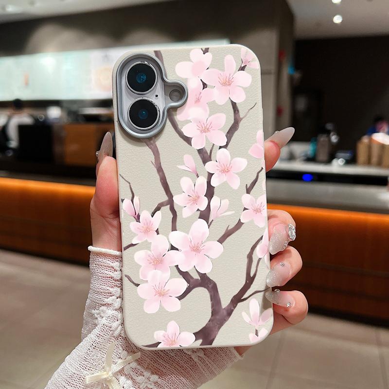 Hand-drawn Style Sakura Pattern Case For iPhone 17 Pro Max Leather Texture Soft Silicone Cover For iPhone 16 15 14 13 Pro 12 11 16E Air