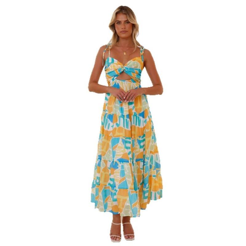 Abito lungo da donna alla moda con scollo all'americana senza maniche per le vacanze