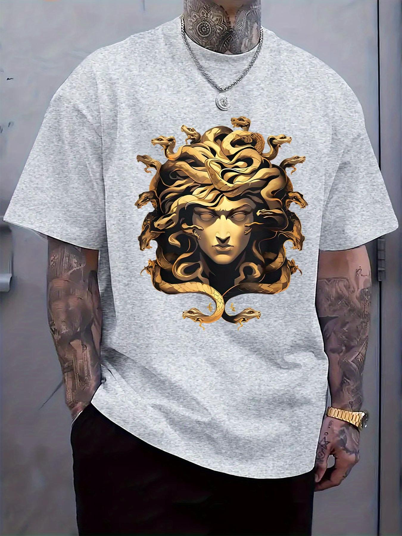 Medusa Snake Hair Golden Tone Graphic Print Casual T-shirt - Regular Fit Round Neck Short Sleeve Summer Tee S