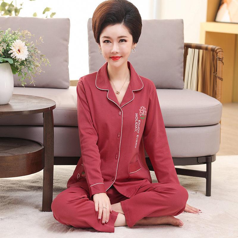 Middle-aged women's 100% pure cotton pajamas women's summer long-sleeved pajamas middle-aged and elderly mother loungewear thin suit