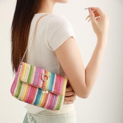 Bolso de moda para mujer, nuevo bolso de paja de moda, bolso cuadrado pequeño a rayas de colores, bolso bandolera con cadena