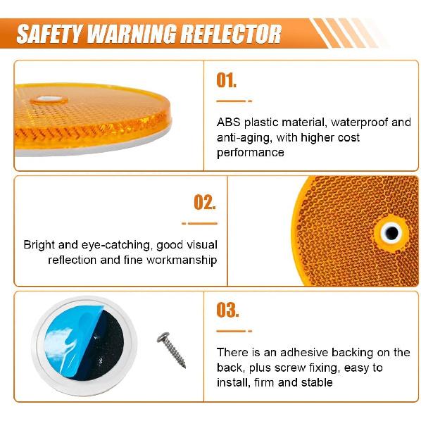 6PCS Car Safety Reflector, Round Reflective Warning Sign With Stainless Steel Screw & Mounting Hole, Universal Automotive Front Reflector For