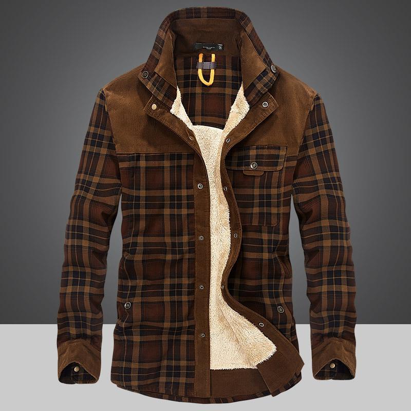 Ny herrflanellskjorta med lång ärm, rutig, varm, business casual, mode, bomullsskjorta
