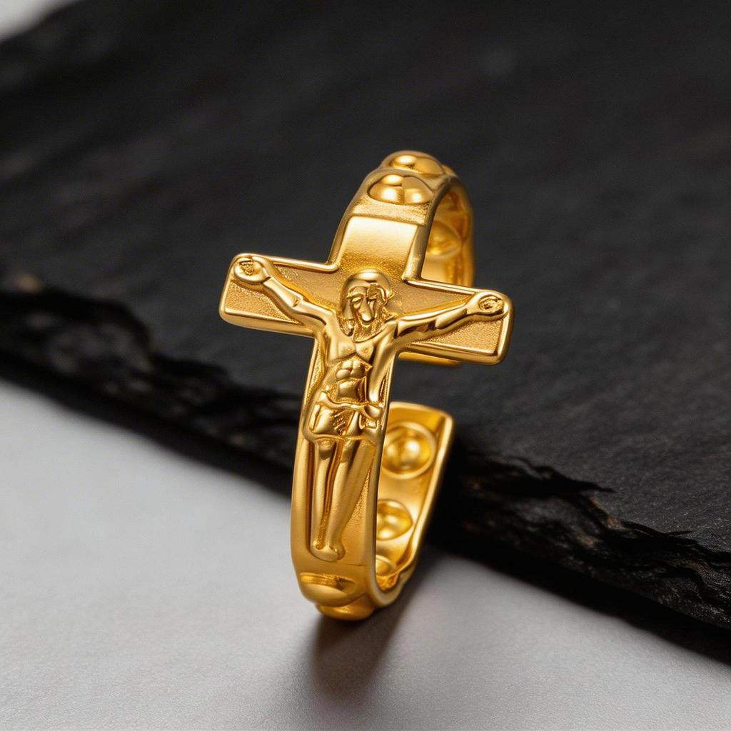 Open Cross Ring for Men,Stainless Steel Black/Gold/Silver Color Jesus Crucifix Adjustable Band,Punk Faith Jewelry Gift