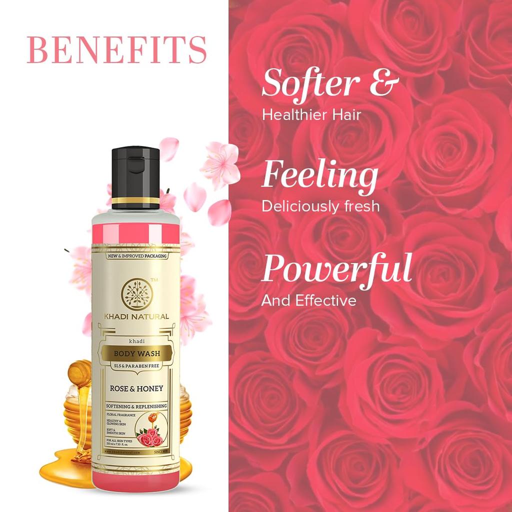Khadi Natural Rose & Honey Body Wash 210 ml Hydrating Shower Gel For Glowing Skin All Skin Types SLS Paraben Free