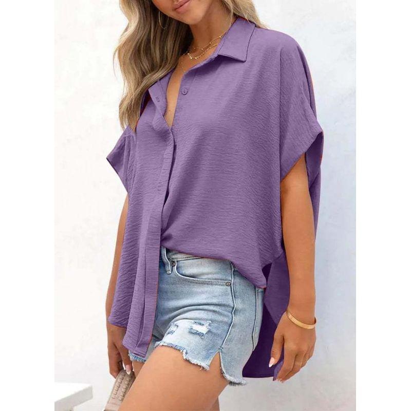 Western Style New Fashion Casual Loose Short Sleeve Lapel Shirts Top Solid Color Shirt Top
