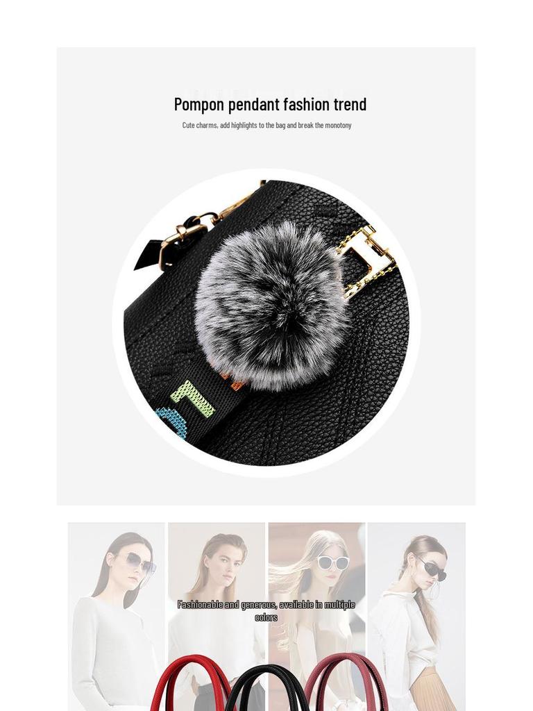 2024 New Korean Style Fashion Embroidered Women's Handbag with Large Capacity and Pom-Pom Pendant