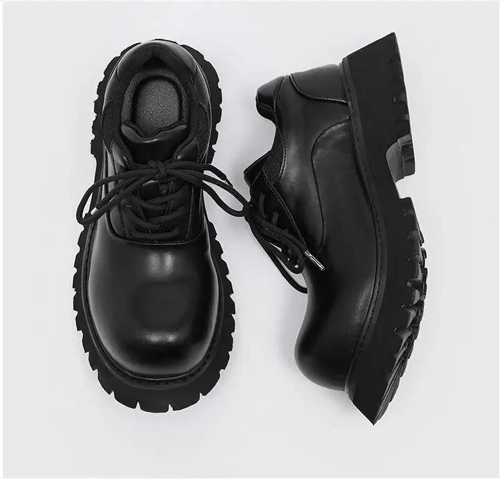 Round Toe Derby Men's women Thick Bottom Extra Height Black Leather Shoes High-Grade British Ins Big Head Shoes