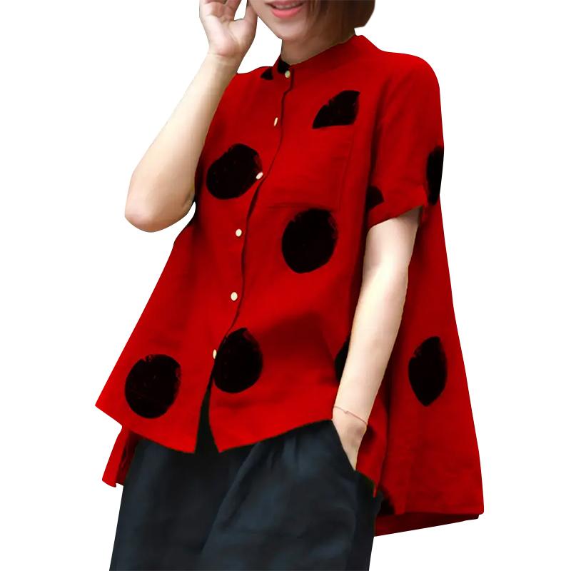 ZANZEA Dámská ležérní halenka s volným krátkým rukávem a puntíky s výstřihem do O