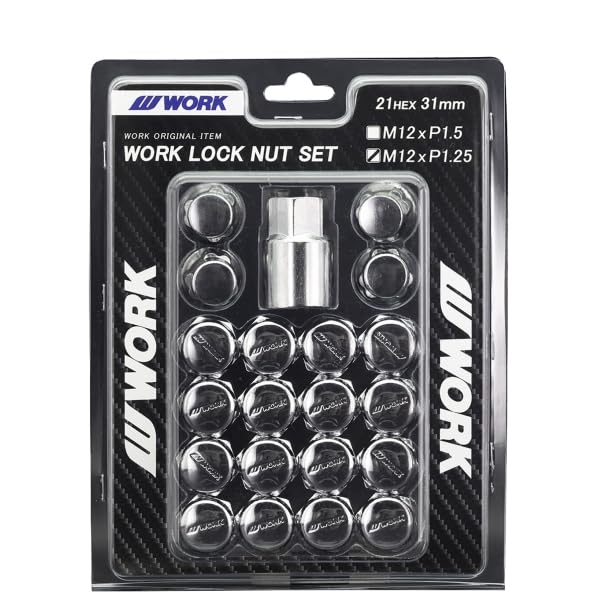 

WORK Lock Nut Set Lock M12 x 31mm Overall 240256 Set, 20-Piece (16 Nuts/4 Nuts), 21HEX, P1.25, Chrome, Length, Steel,