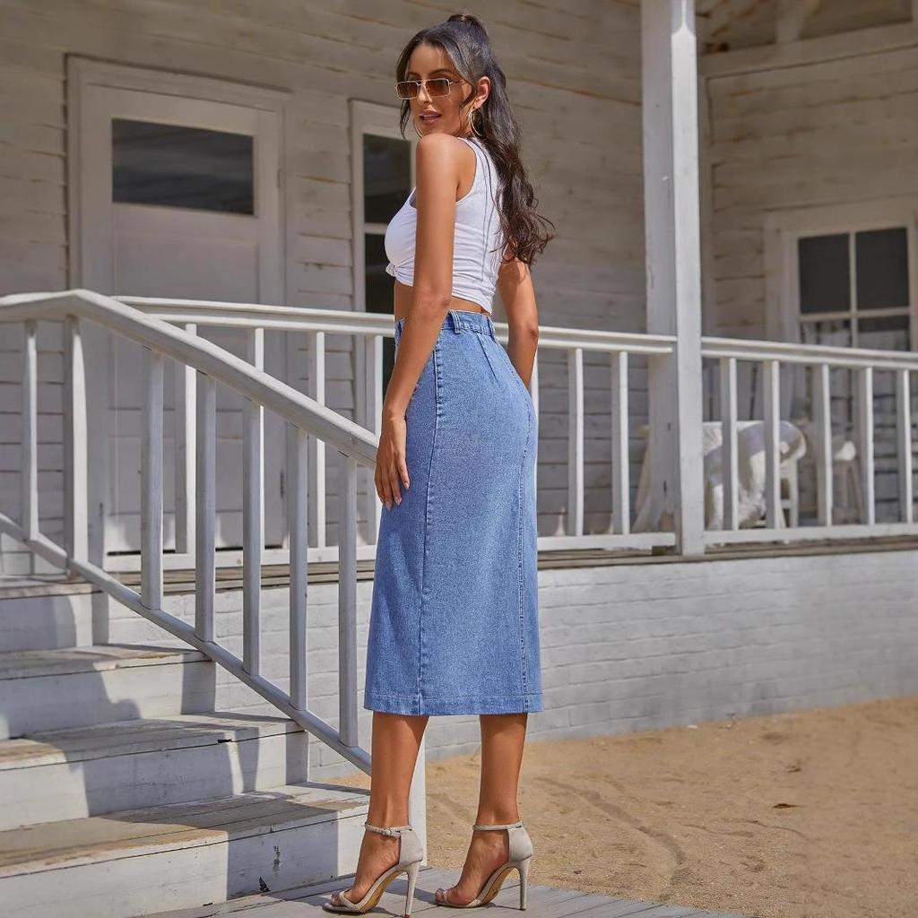 Women's European and American Casual High Waist Irregular Slit Denim Midi Skirt