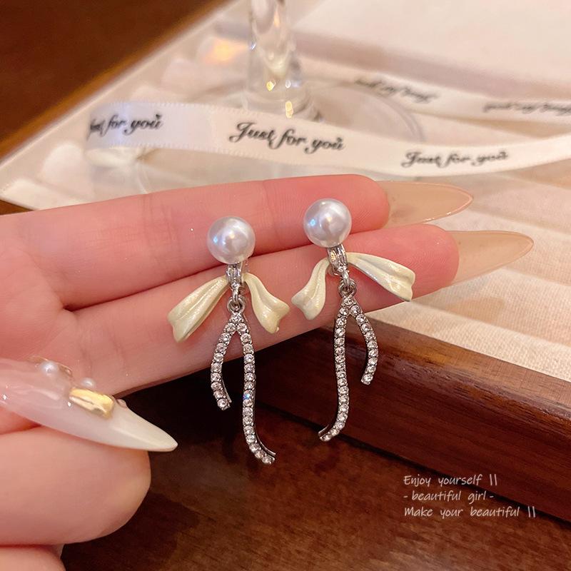 Long Fringed Zircon Earrings Light Luxury Niche Versatile Temperament Bow Stud Earrings