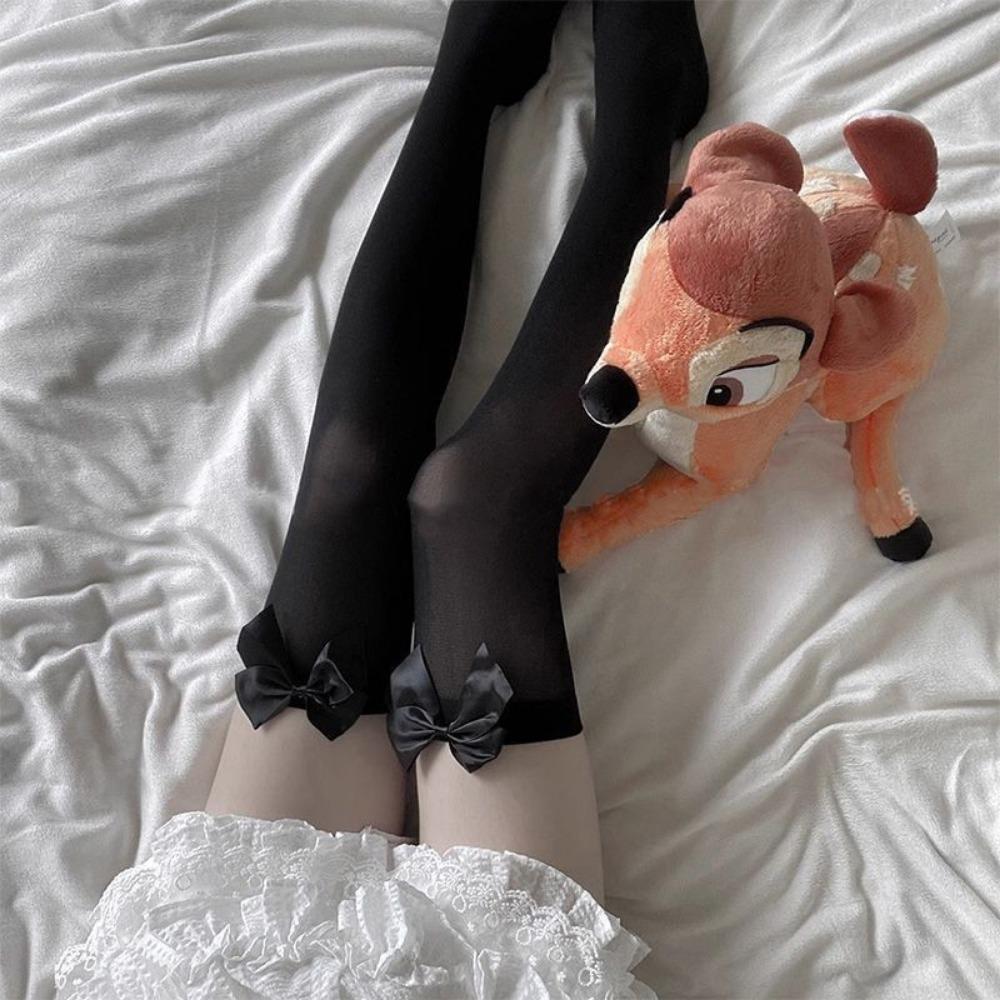 Slim Black Silk Sweet Cute Sexy Knee Socks High Thigh Socks Lolita Bow JK Stockings Women