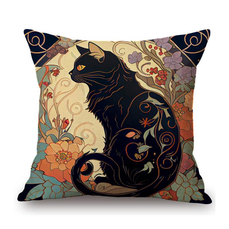 Black White Cat Nouveau Art Floral Background Mucha Style Retro Cotton Linen Sofa Throw Pillow Case Home Decor Cushion Cover