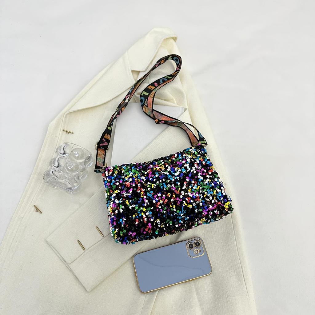 Yogodlns Luxury Women Sequins Wide Strap Shoulder Bag Fashion Shine Casual Crossbody  Bag Female Hip Hop Belt Bags Trend