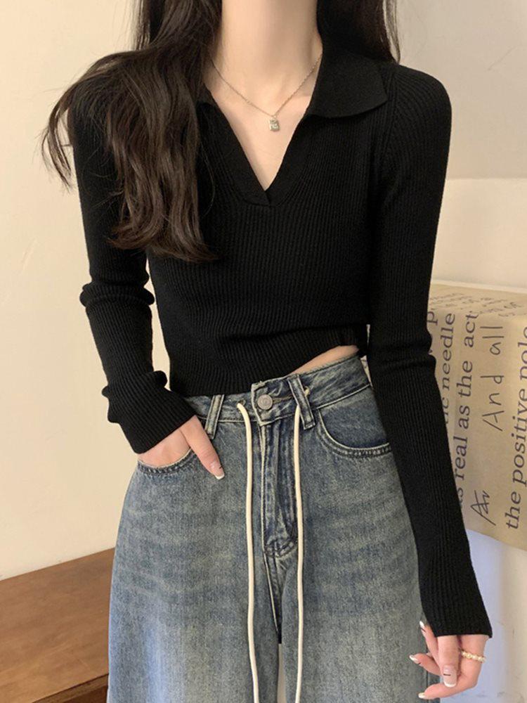 Dámský krátký pletený svetr s polokošilí v korejském stylu na podzim 2025 - Design slim fit