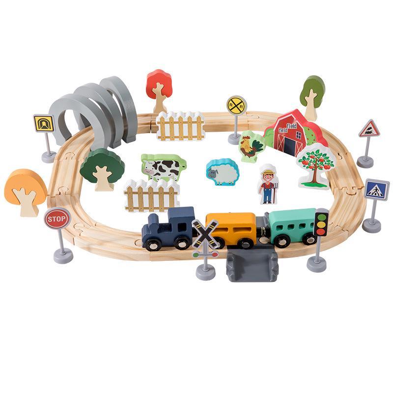 Children s 42-Piece Wooden Farm Train Track Educational Toy Set