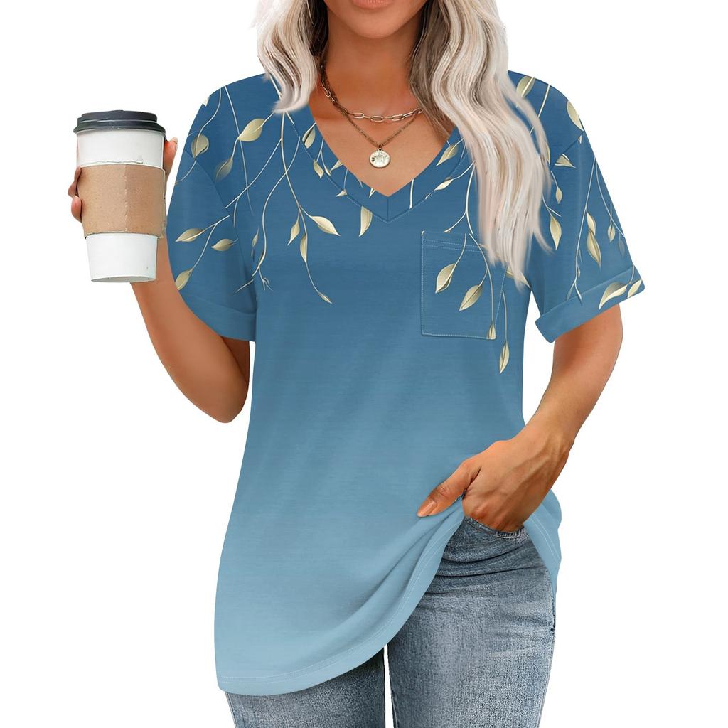 Womens Tops V-neck Short Sleeve Blouses Casual Fashion Print Tunic Tops With Pockets