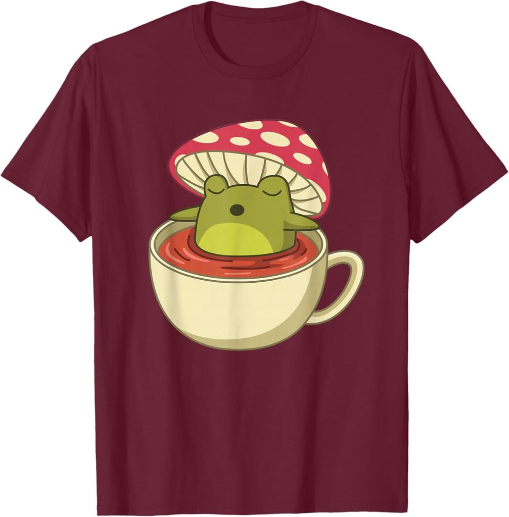Cottagecore Frog In Tea Cup Mushroom Aesthetic Graphic Tee Shirt Casual Short Sleeve