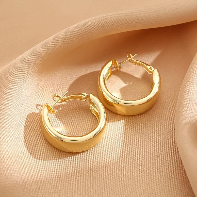 Fashion Stainless Steel Smooth Metal Chunky Hoop Earrings for Women Vintage Round Circle Drop Earrings Trendy Party Jewelry
