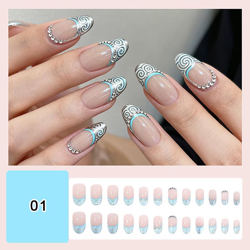 24/30Pcs Medium Fake Nail Set With Jelly Glue Gradient French Press On False Nail Elegantstyle Nails Full Cover Wearing False
