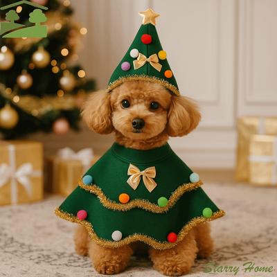 Creative Cartoon Christmas Dog Cape Christmas Tree Design Adjustable Pet Cloak Unique Polyester Dog Cosplay Dress Holiday Events