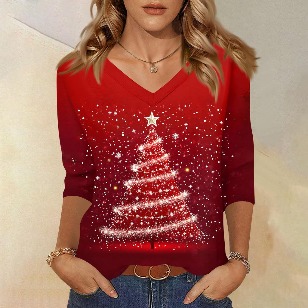 Women's T Shirt CHristmas Print 3/4 Sleeve Daily Weekend Fashion Basic V- Neck Regular Top