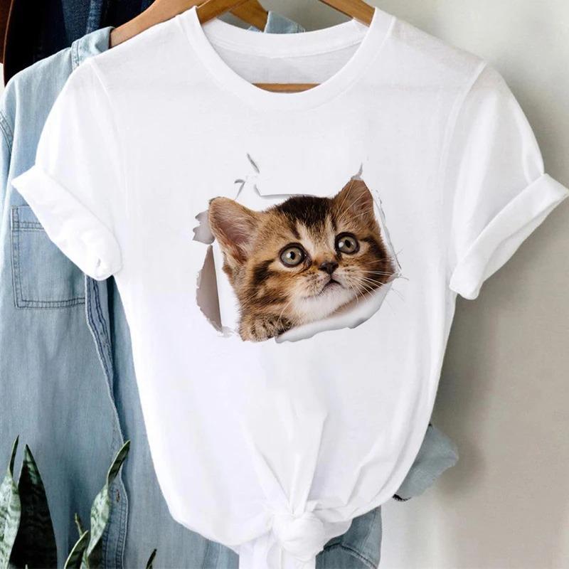 Harajuku Women's Short Sleeve T Shirt Casual White Tops Female Clothing T-shirt Cat Print Ladies Gothic Tshirts