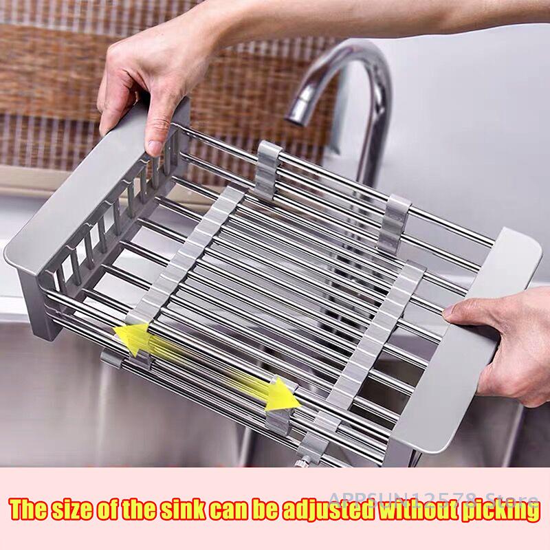Kitchen Draining Rack Household Stainless Steel Retractable Sink Rack Shelf Cutlery Thickerstorage Dish Organising Shelf