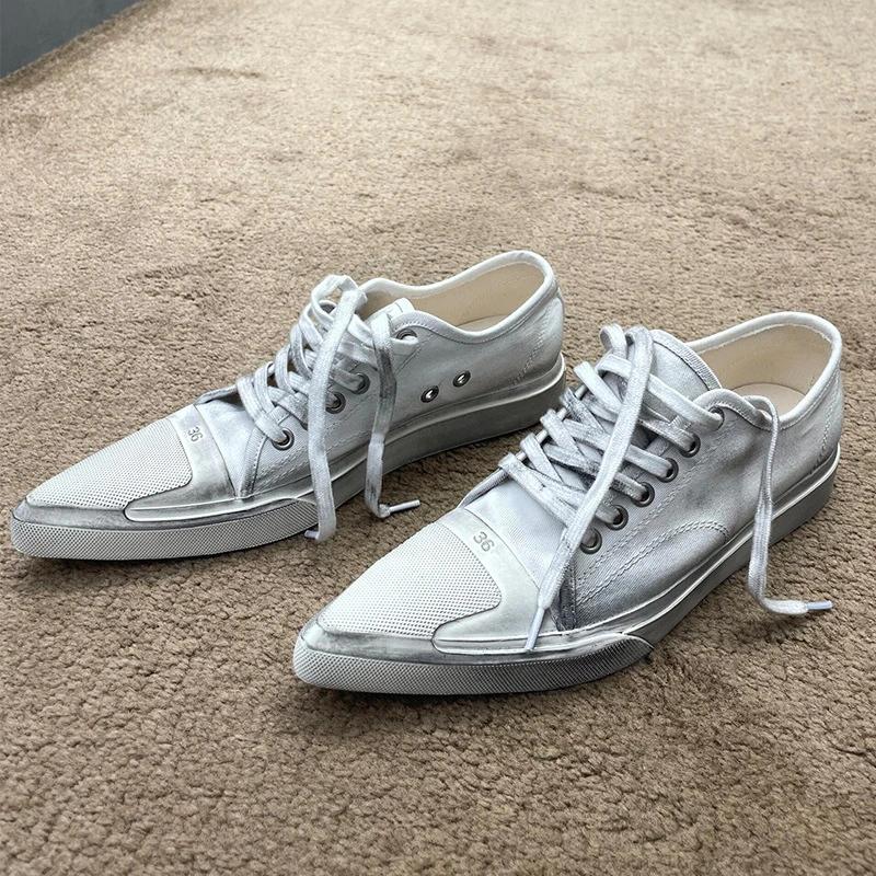 Pointed Toe Lace Up Sports Casual Do Old Women's Shoes White Fashion Hand-made Ladies Canvas Shoes Unisex Zapatillas De Mujer